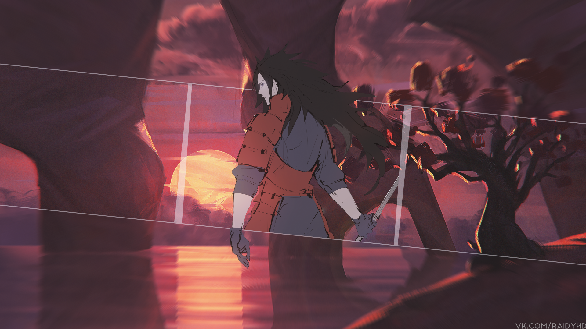 4K Ultra HD anime desktop wallpaper featuring Madara Uchiha from Naruto standing in a dramatic, red-hued landscape at sunset.