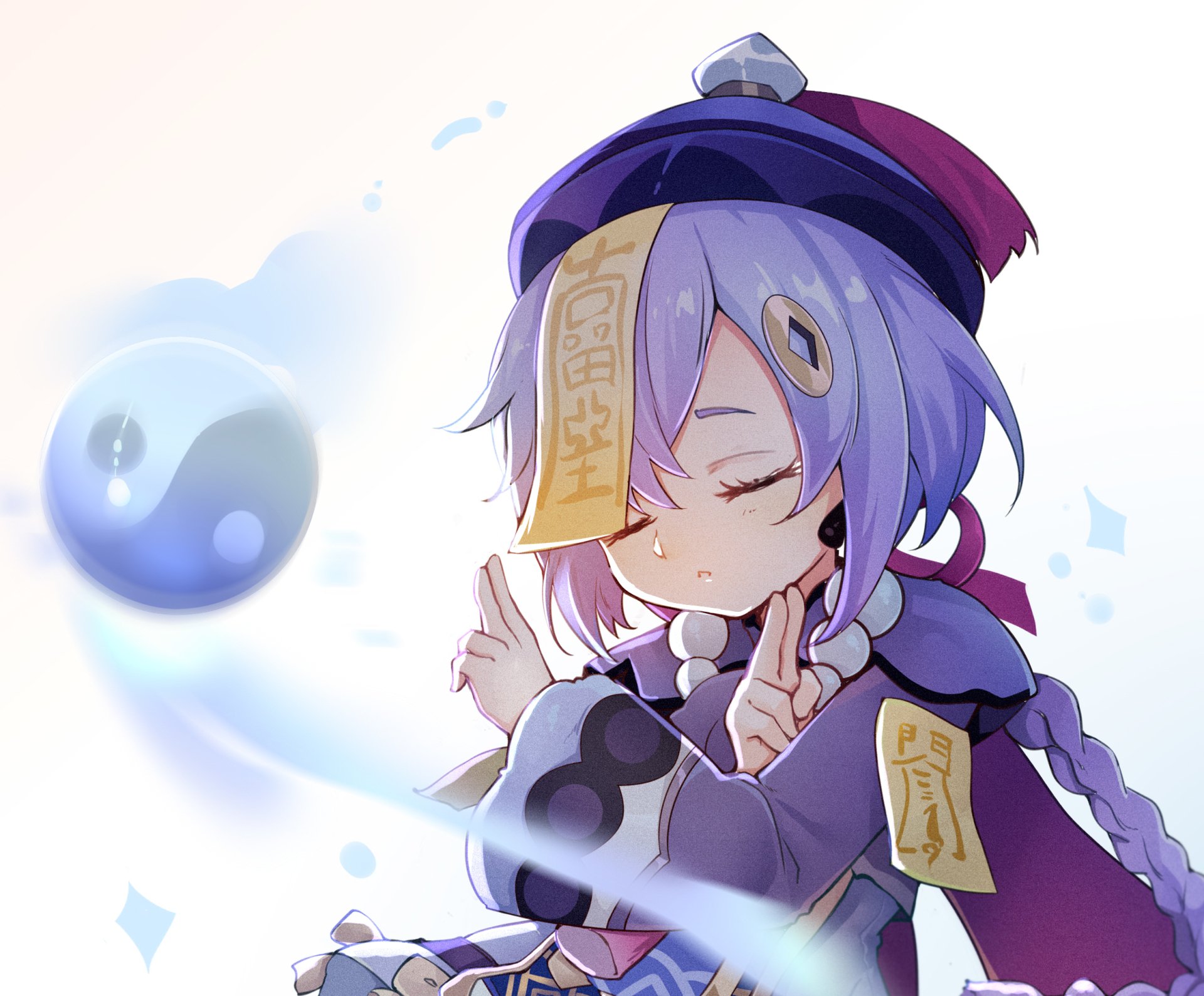 Qiqi (Genshin Impact) video game HD PC desktop wallpaper: peaceful Qiqi with talismans and a floating blue spirit, eyes closed against a soft pastel background.