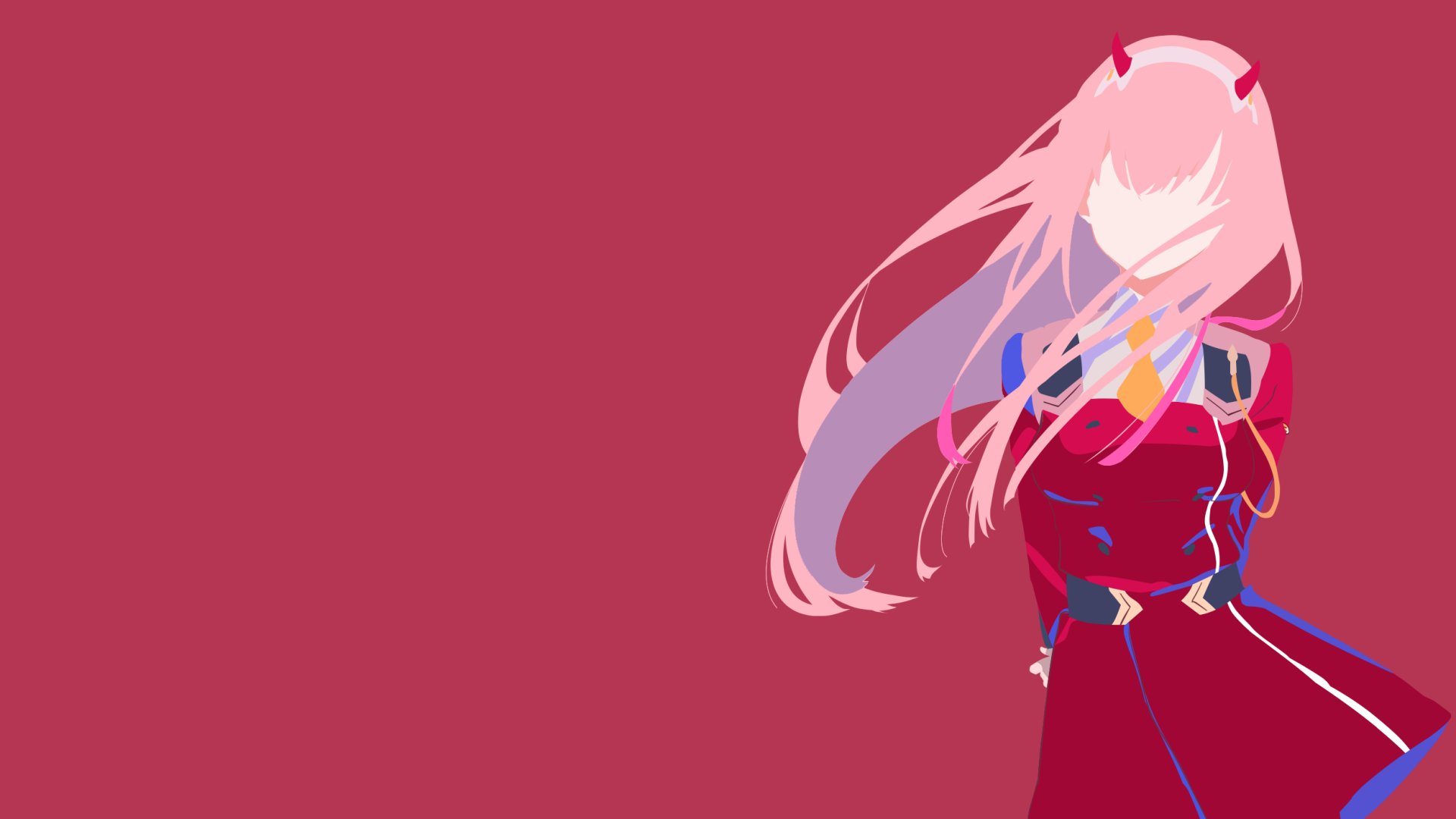 HD PC desktop wallpaper featuring a stylized anime illustration of Zero Two from Darling in the FranXX with flowing pink hair against a solid red background.