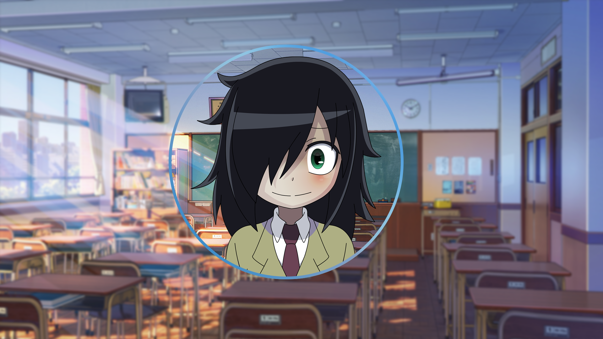 HD desktop wallpaper featuring Tomoko Kuroki (Watamote): centered close-up with her awkward smile over a sunlit, empty anime classroom background.