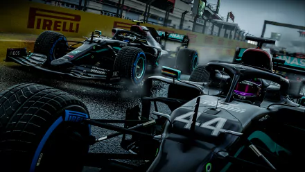 HD PC wallpaper featuring Mercedes AMG F1 W10 EQ Power race cars driven by Valtteri Bottas and Lewis Hamilton in the F1 2020 video game during an intense race.