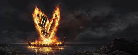HD desktop wallpaper of a flaming drakkar ship at sea from the TV show Vikings (2013), set against a dark, stormy sky.