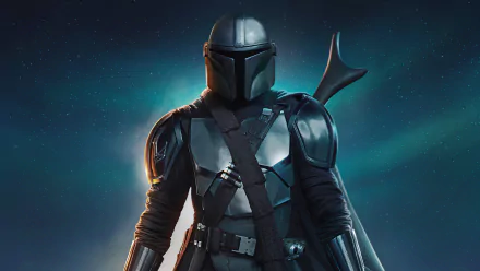 HD wallpaper featuring Pedro Pascal as Din Djarin from The Mandalorian TV Show. The Mandalorian stands in full armor against a starry background.