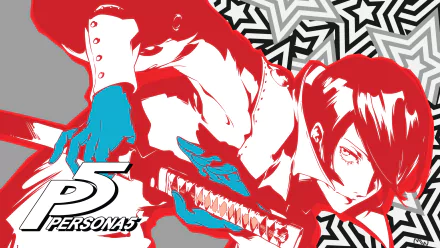 HD PC desktop wallpaper featuring stylized art from the video game Persona 5 with dynamic red, blue, and black tones and bold geometric patterns.