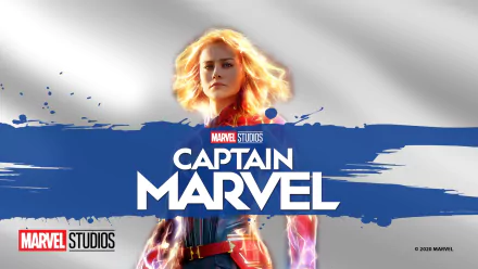 HD PC desktop wallpaper of Captain Marvel (Carol Danvers) in a glowing suit and energy aura, Marvel Studios Captain Marvel logo over a blue brushstroke background.