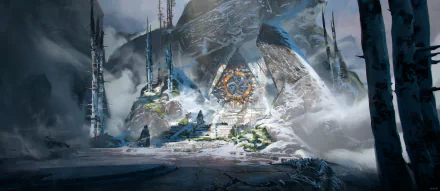 A fantasy temple set in a snowy mountainous landscape, featuring mysterious glowing symbols and towering spires, rendered in HD for a PC desktop wallpaper.