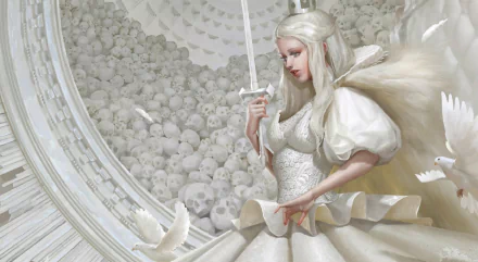 HD PC desktop wallpaper of a fantasy woman warrior with long white hair and an ornate white dress, holding a sword before a circular wall of skulls and drifting doves.