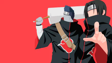 Minimalist 4K Ultra HD Naruto anime wallpaper featuring Akatsuki members Kisame Hoshigaki with a sword and Itachi Uchiha with black and blue hair on a red background.