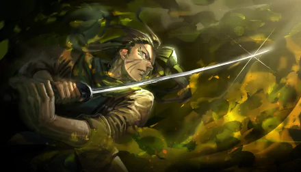 Anime warrior crouched amid swirling green-gold foliage, sword flashing; dramatic 4K Ultra HD PC desktop wallpaper/background with intense lighting and motion.