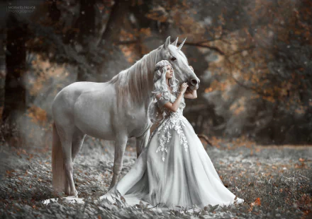 HD PC desktop wallpaper/background: white-haired woman model with long hair in a flowing white dress standing beside a white horse in a soft, autumnal forest.