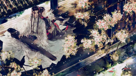 Anime HD desktop wallpaper featuring Wei Wuxian and Lan Wangji from Mo Dao Zu Shi, surrounded by delicate cherry blossoms in a serene, traditional setting.