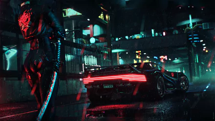 A cyberpunk warrior with a glowing sword stands in the rain on a futuristic night road, beside a sleek car, creating an atmospheric moment reminiscent of Cyberpunk 2077. HD desktop wallpaper background.