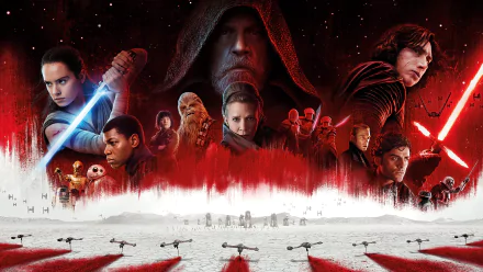 8K Ultra HD Star Wars: The Last Jedi desktop wallpaper featuring main characters with lightsabers, set against a dramatic red and white battle scene.