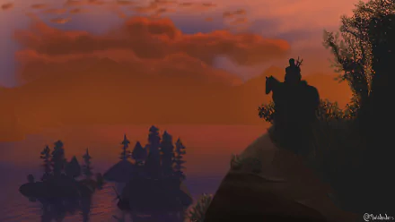 Silhouette of Geralt of Rivia on a rocky outcrop at sunset, overlooking misty islands — landscape from The Witcher 3: Wild Hunt, 2K Quad HD PC desktop wallpaper and background.