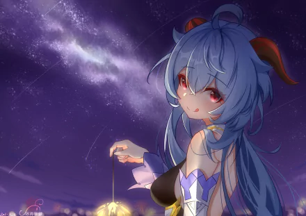 HD desktop wallpaper featuring Ganyu from the video game Genshin Impact, gazing at a starry night sky with her iconic blue hair and red eyes, creating a magical and ethereal background scene.