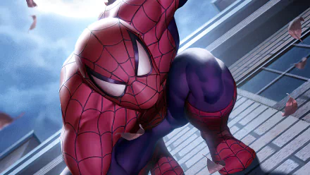 4K Ultra HD comic-style wallpaper featuring Spider-Man, aka Peter Parker, crouching on a city building rooftop with a dynamic and detailed background.