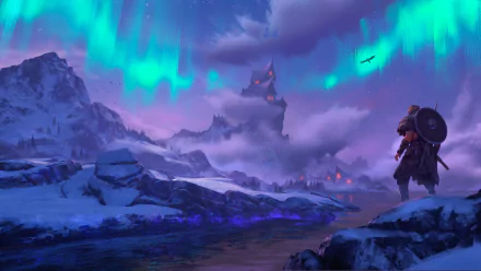 HD wallpaper from Assassin's Creed Valhalla showcasing a Viking standing in a snowy landscape under the aurora borealis.