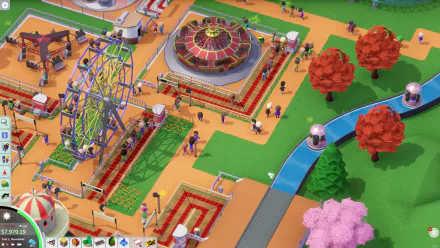 HD desktop wallpaper of Parkitect game showing a vibrant theme park with rides, paths, and miniature visitors.
