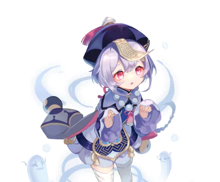 Qiqi (Genshin Impact) chibi portrait in pastel blues and purples, tiny talisman hat and glowing eyes, reaching out amid ghostly wisps — HD PC desktop wallpaper and video game background.