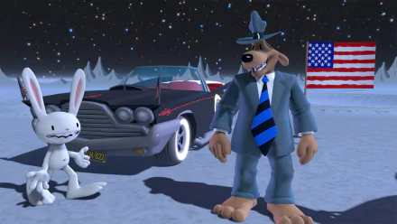 HD desktop wallpaper featuring Sam & Max from Sam & Max Save the World game, with a classic car and American flag under a starry sky.