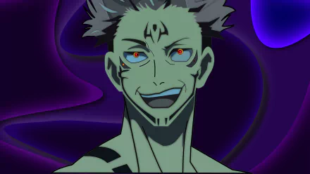 4K Ultra HD anime wallpaper featuring Sukuna from Jujutsu Kaisen with glowing red eyes and dark markings on a purple abstract background.