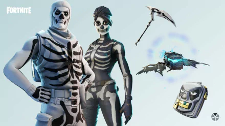 HD wallpaper featuring Fortnite's Skull Trooper characters and themed gear with a sleek background.