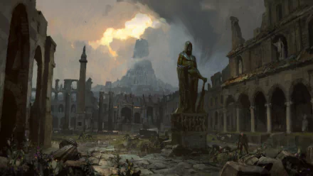HD Path of Exile desktop wallpaper featuring a dramatic ruin landscape with a central statue under a cloudy sky with a ray of sunlight.