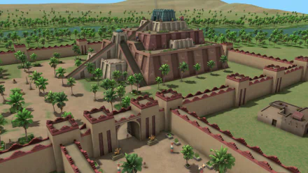 A detailed HD desktop wallpaper depicting a Sumerian cityscape, featuring a prominent ziggurat surrounded by palm trees and protective walls, reflecting a vibrant video game design.