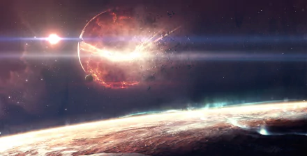 4K Ultra HD sci-fi desktop wallpaper depicting a fiery explosion on a distant planet against a starry space backdrop.