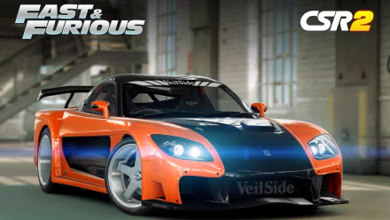 HD desktop wallpaper featuring a vibrant orange and blue sports car from CSR Racing 2 with Fast & Furious branding.