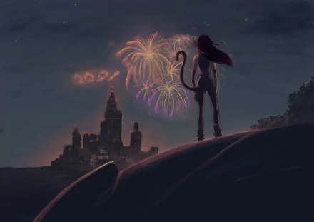 Anime-style cat girl watches colorful New Year 2021 fireworks over a silhouetted cityscape in this HD desktop wallpaper background.