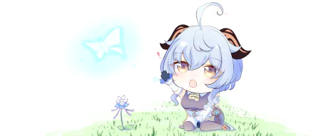 Chibi-style Ganyu from Genshin Impact in a bright outdoor setting, featured in a 4K Ultra HD PC desktop wallpaper and background.