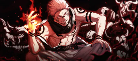 HD wallpaper featuring Sukuna from Jujutsu Kaisen with pink hair, red eyes, and black markings. He's sitting confidently with a fiery aura around his hand, amidst a dark, ominous background.