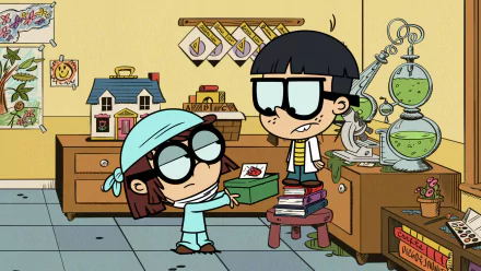 HD desktop wallpaper featuring two characters from The Loud House in a laboratory setting.
