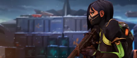 Viper (Valorant) aims a rifle before stacked crates in a moody scene — 4K Ultra HD Valorant video game PC desktop wallpaper/background.