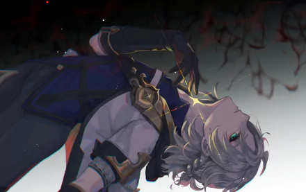 HD PC desktop wallpaper featuring Albedo from the video game Genshin Impact, depicted with ethereal lighting and a dark, moody background.