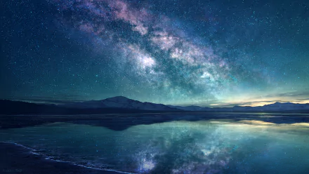HD anime landscape wallpaper depicting a serene lake reflecting the vibrant Milky Way and starry night sky in a tranquil, detailed anime night scene.