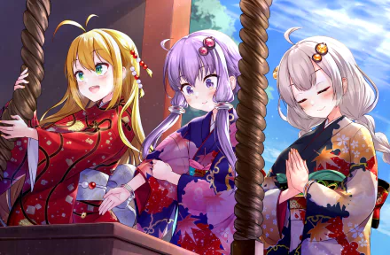 HD anime wallpaper featuring Vocaloid characters Yuzuki Yukari, Maki Tsurumaki, and Kizuna Akari in colorful kimonos with vibrant purple, white, blonde hair and green and purple eyes.