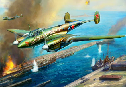 HD desktop wallpaper featuring a Petlyakov Pe-2 military bomber warplane flying over a naval fleet during battle, showcasing detailed aircraft and dynamic sky.