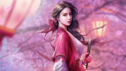 A brown-haired woman in elegant oriental attire holds a fan amid soft pink cherry blossoms, rendered in stunning 4K Ultra HD for a fantasy-themed PC desktop wallpaper.