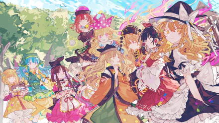 4K Ultra HD anime wallpaper featuring Touhou characters Marisa Kirisame, Reimu Hakurei, Hecatia Lapislazuli, Clownpiece, Junko, Okina Matara, Satono Nishida, Mai Teireida, Haniyasushin Keiki, and Mayumi Joutouguu.