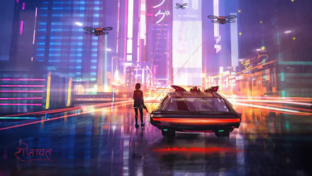 Sci-fi cyberpunk HD wallpaper featuring a futuristic car and drones hovering above a neon-lit cityscape with a person standing next to the car.
