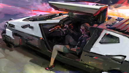 Cyberpunk sci‑fi 4K Ultra HD PC desktop wallpaper: a sleek futuristic car with gullwing door open, a pilot at the controls amid neon reflections.