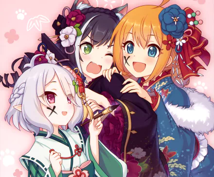 HD PC desktop wallpaper featuring Kokoro Natsume, Karyl Momochi, and Pecorine from the anime Princess Connect! Re:Dive in vibrant traditional attire.