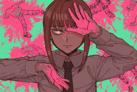 HD desktop wallpaper featuring Makima from Chainsaw Man, with a vibrant pink backdrop and dynamic pose.