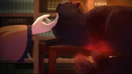 Koishi Komeiji from Touhou gently strokes Rin Kaenbyou’s black anime cat in a warm, detailed 4K Ultra HD desktop wallpaper scene.