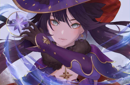 HD PC desktop wallpaper featuring Mona from Genshin Impact with striking green eyes and black hair, showcasing her mystical, elegant appearance from the video game.