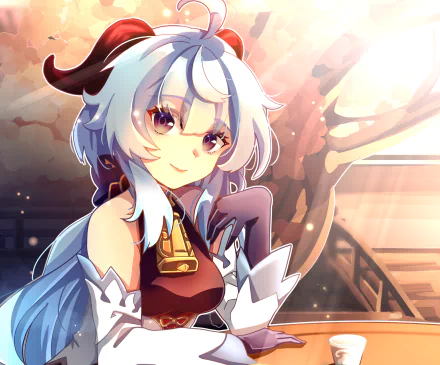 HD PC desktop wallpaper featuring Ganyu from the video game Genshin Impact, showcasing her with a serene expression and warm sunlight in the background.