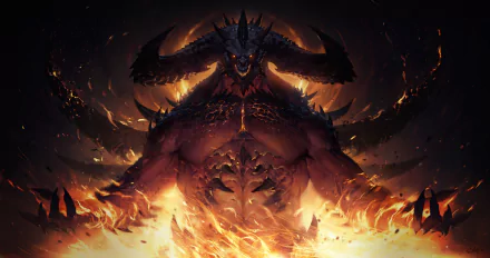 4K Ultra HD PC desktop wallpaper featuring a fiery, menacing demon from the video game Diablo Immortal, surrounded by flames and darkness.