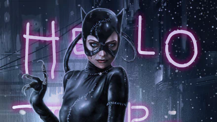 Catwoman from DC Comics stands confidently in front of neon Hello sign in this 4K Ultra HD PC desktop wallpaper inspired by Batman Returns.